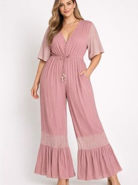 Davi‎ & Dani Romper Mauve Pink Tie Back Boho Sz 3X Wide Leg Smocked Ruffle AC04